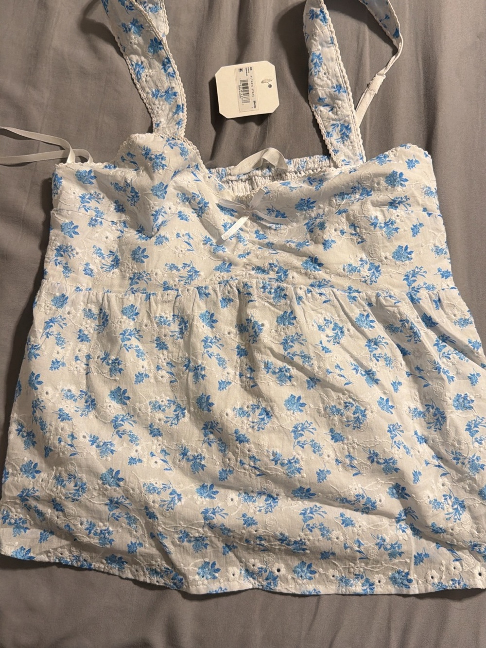 Altar'd State White Tank Top with Blue Floral Print